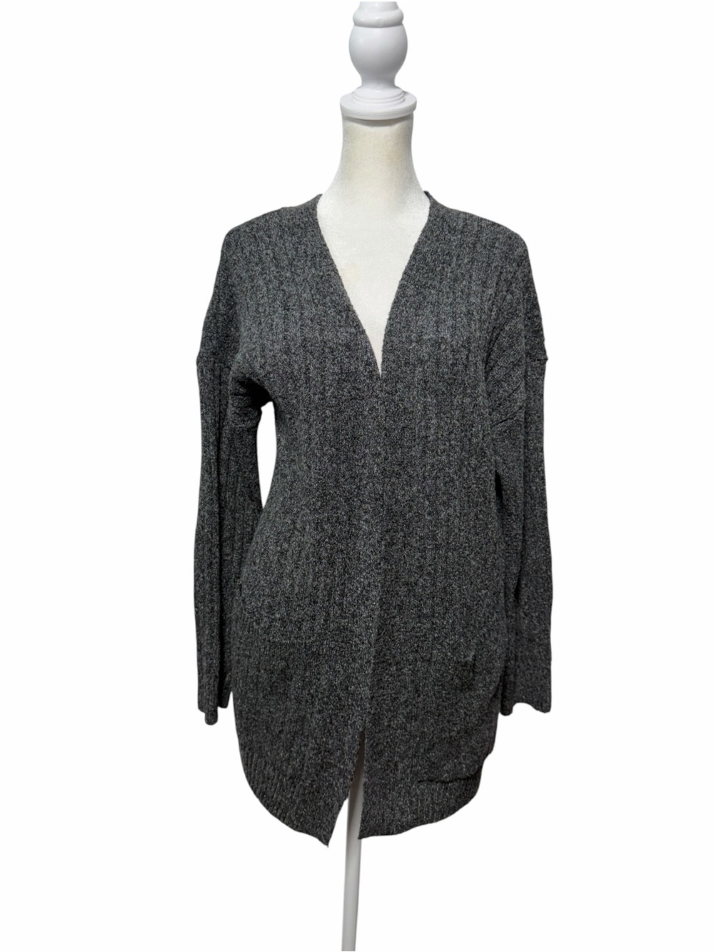 Jolie & Joy Ribbed Knit Open Front Cardigan Womens Large Gray Duster Sweater